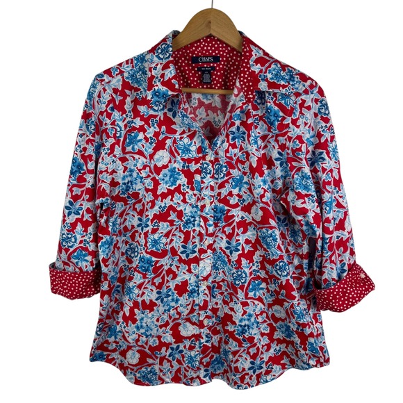 Chaps Floral Button Down Shirt Large Red White Blue No Iron‎ Cotton Patriotic - Picture 1 of 8